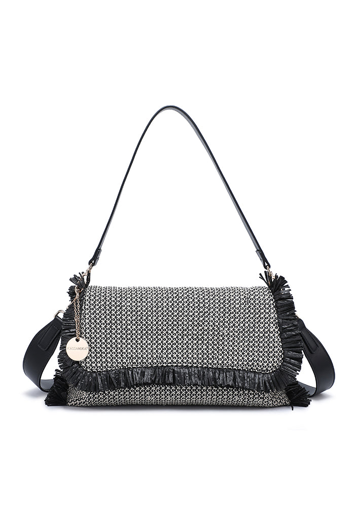 Chic Fringe Flap Shoulder Bag with Textured Woven Design