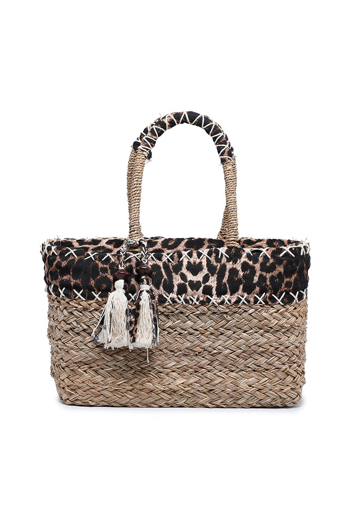 Leopard Print Straw Tote Bag with Tassels