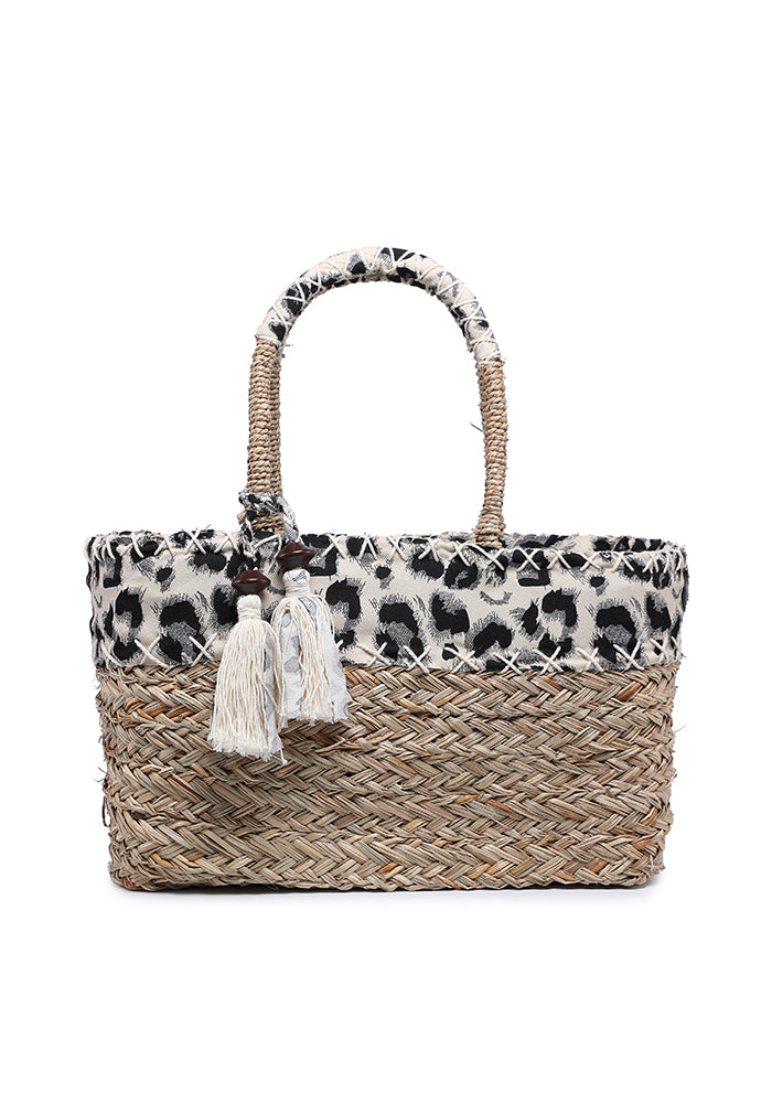 Leopard Print Straw Tote Bag with Tassels