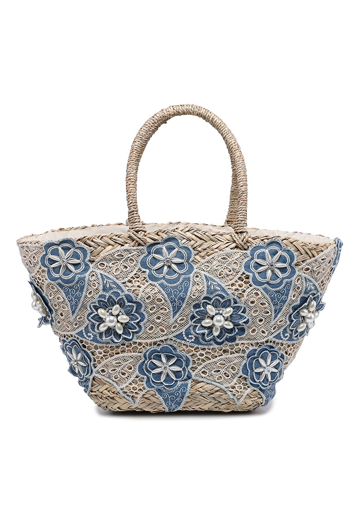 KASSANDRA Chic Blue Floral Embroidered Straw Beach Tote Bag Navy