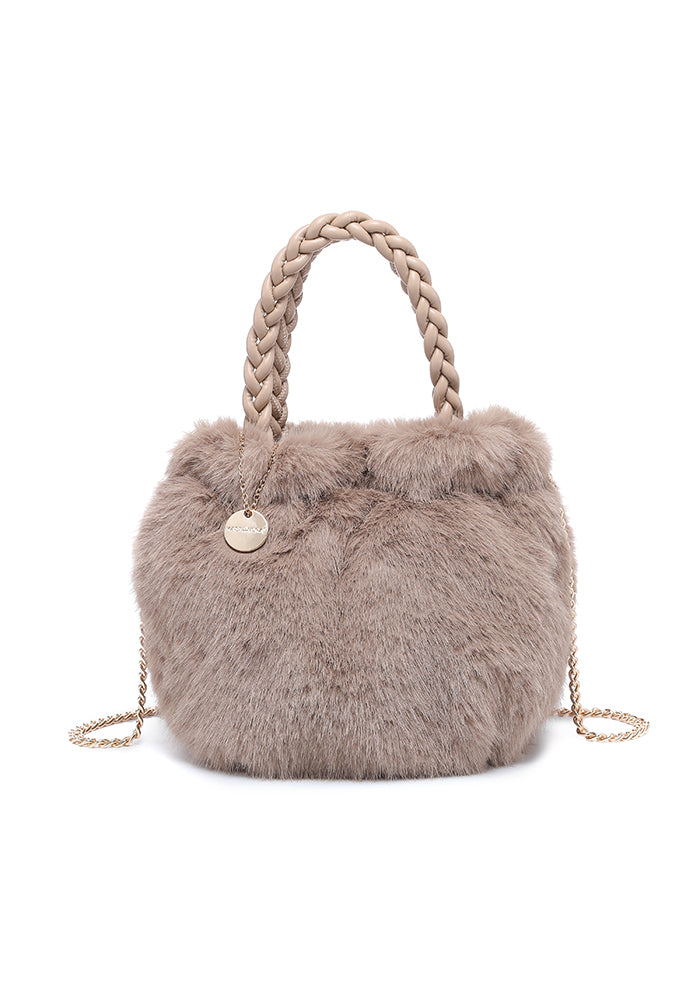 Faux Fur Braided-Handle Mini Bucket Tote