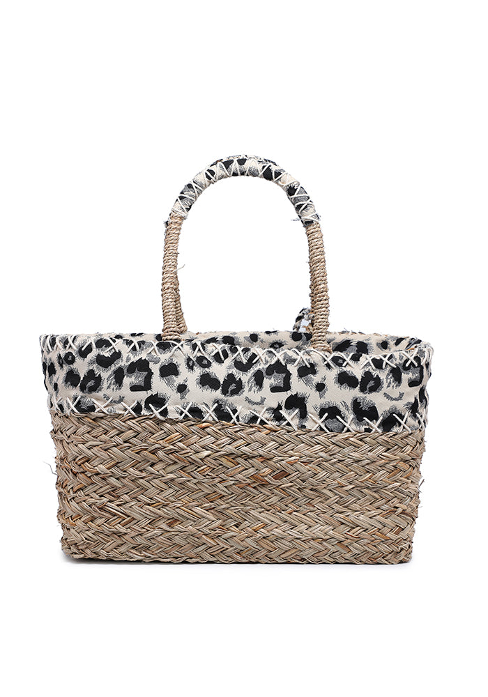 Leopard Print Straw Tote Bag with Tassels