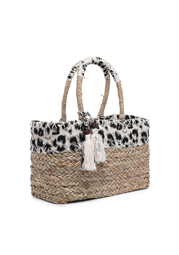 Leopard Print Straw Tote Bag with Tassels
