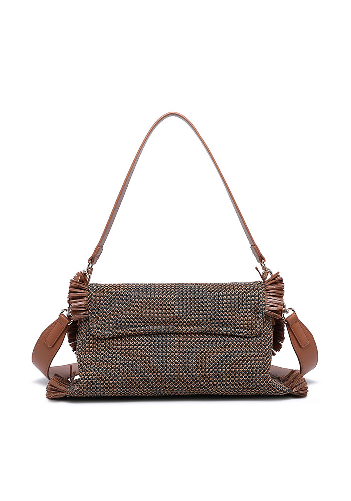 Chic Fringe Flap Shoulder Bag with Textured Woven Design