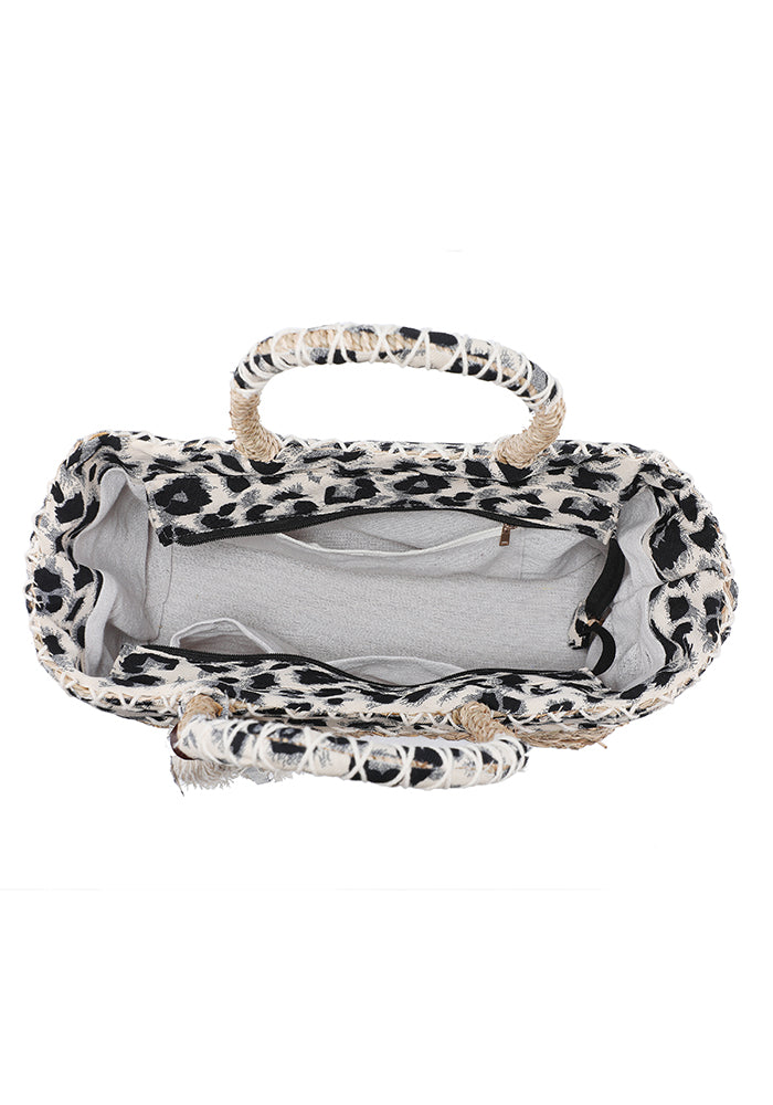 Leopard Print Straw Tote Bag with Tassels