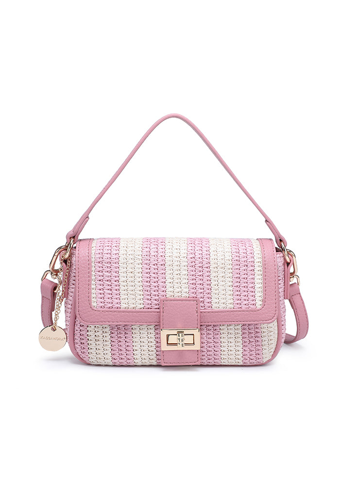 KASSANDRA Stylish Striped Woven Shoulder Bag with Elegant Turn Lock Pink