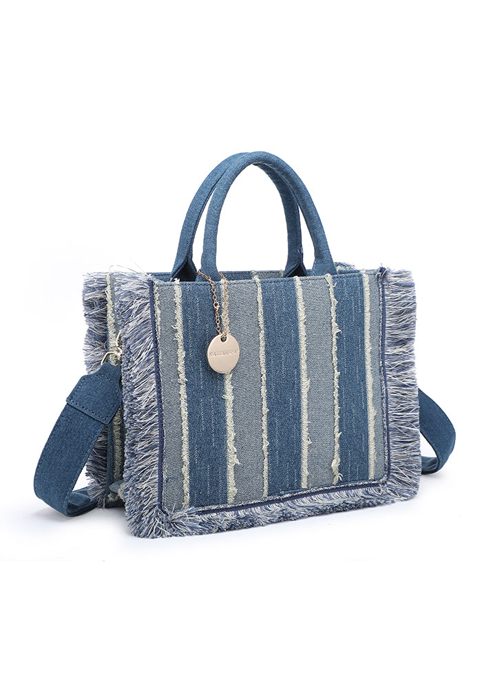 Fringed Striped Denim Mini Tote Bag