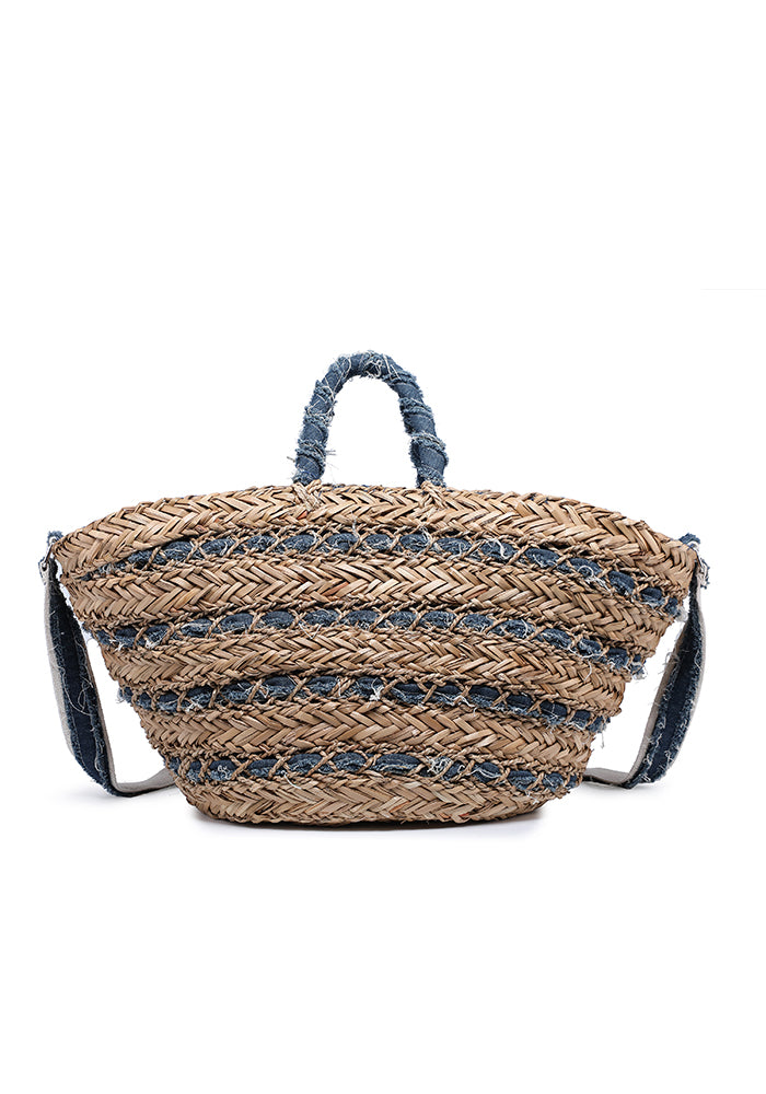 KASSANDRA Denim-Accented Straw Tote Bag