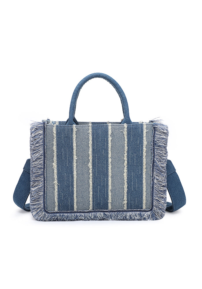 Fringed Striped Denim Mini Tote Bag