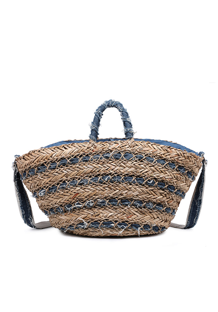 KASSANDRA Denim-Accented Straw Tote Bag Navy
