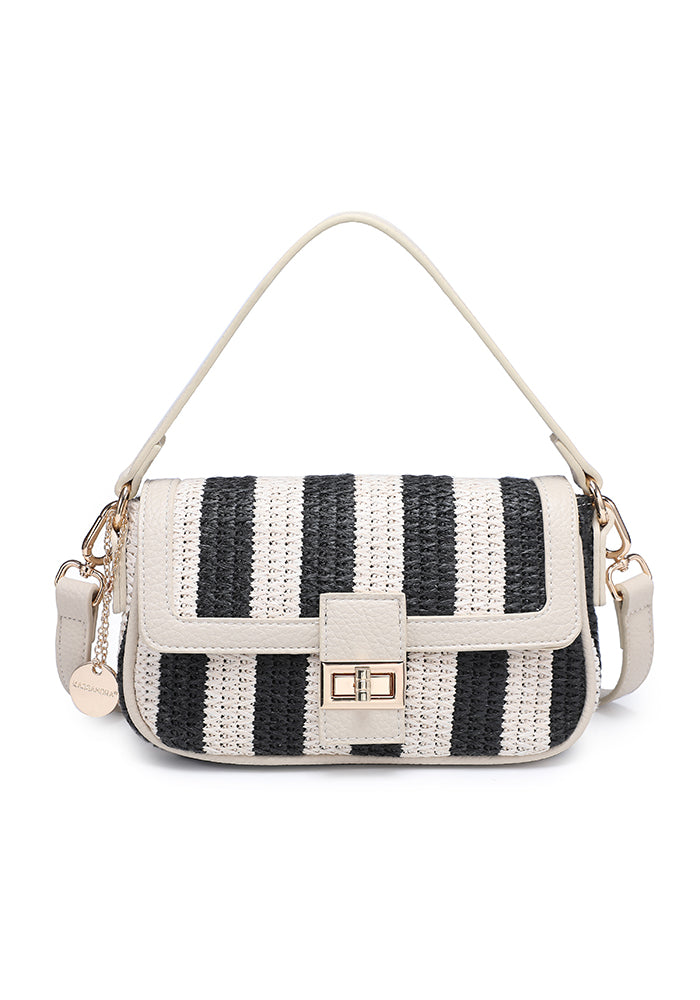 KASSANDRA Stylish Striped Woven Shoulder Bag with Elegant Turn Lock Black