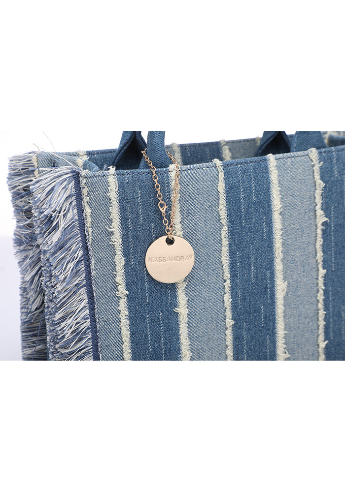 Fringed Striped Denim Mini Tote Bag
