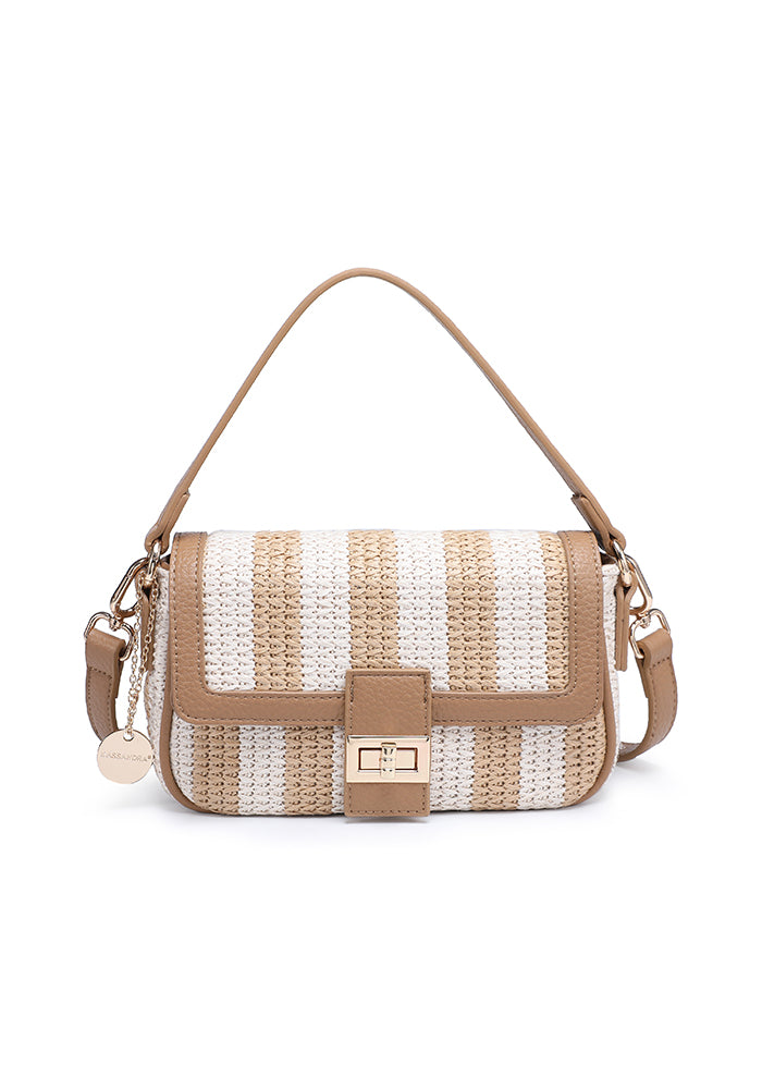 KASSANDRA Stylish Striped Woven Shoulder Bag with Elegant Turn Lock Beige