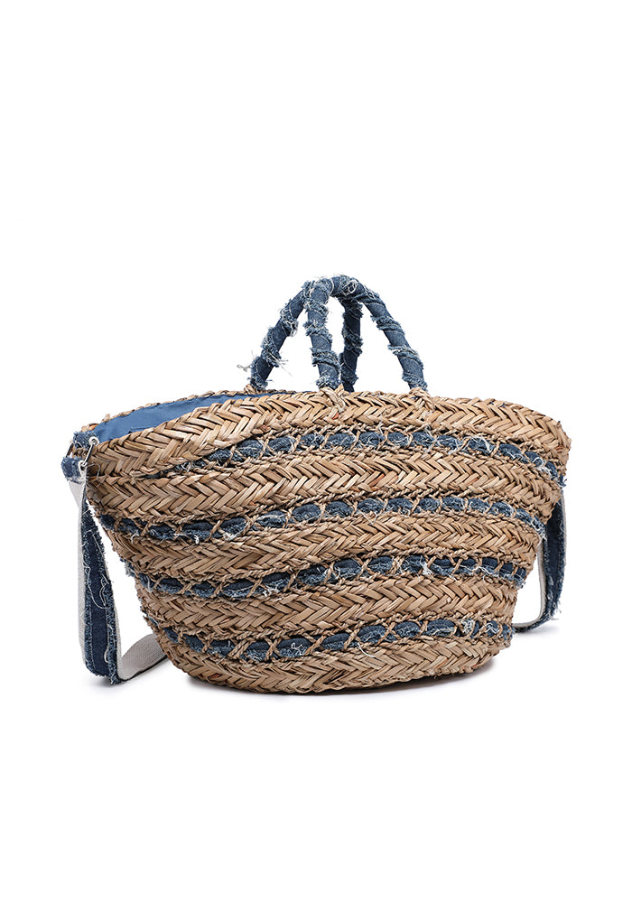 KASSANDRA Denim-Accented Straw Tote Bag