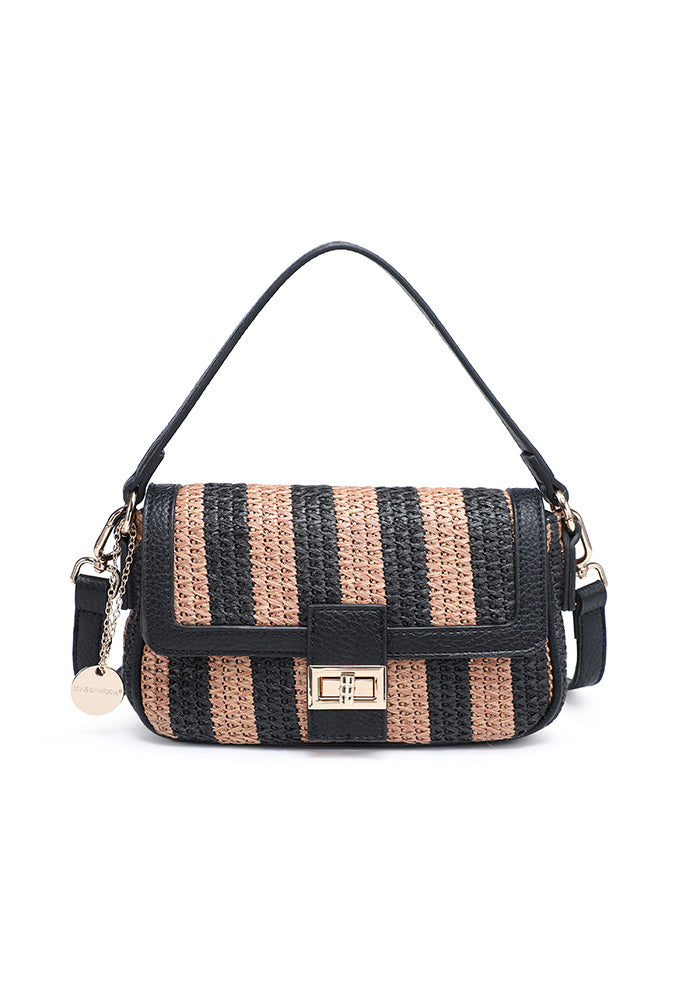 KASSANDRA Stylish Striped Woven Shoulder Bag with Elegant Turn Lock Dark Brown