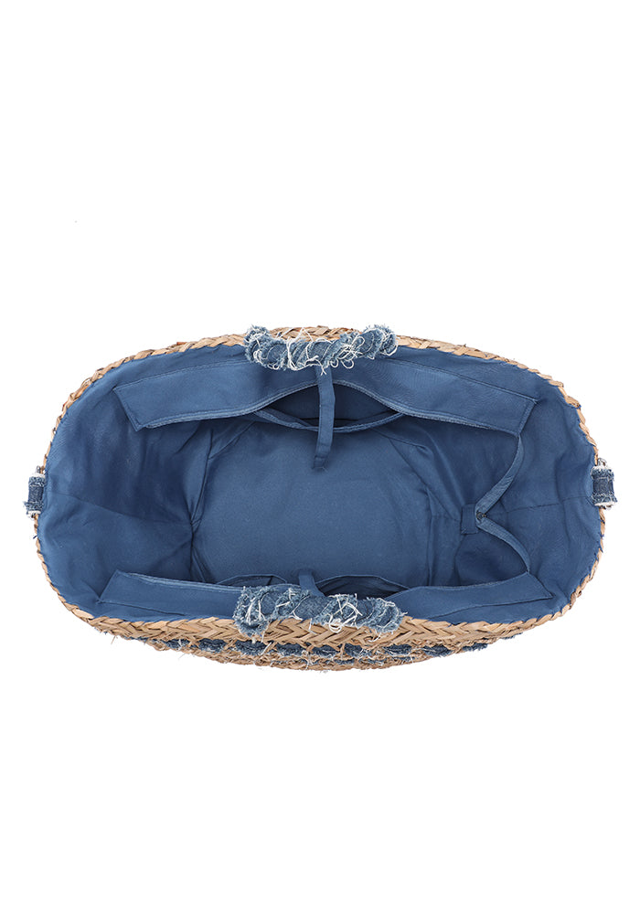 KASSANDRA Denim-Accented Straw Tote Bag