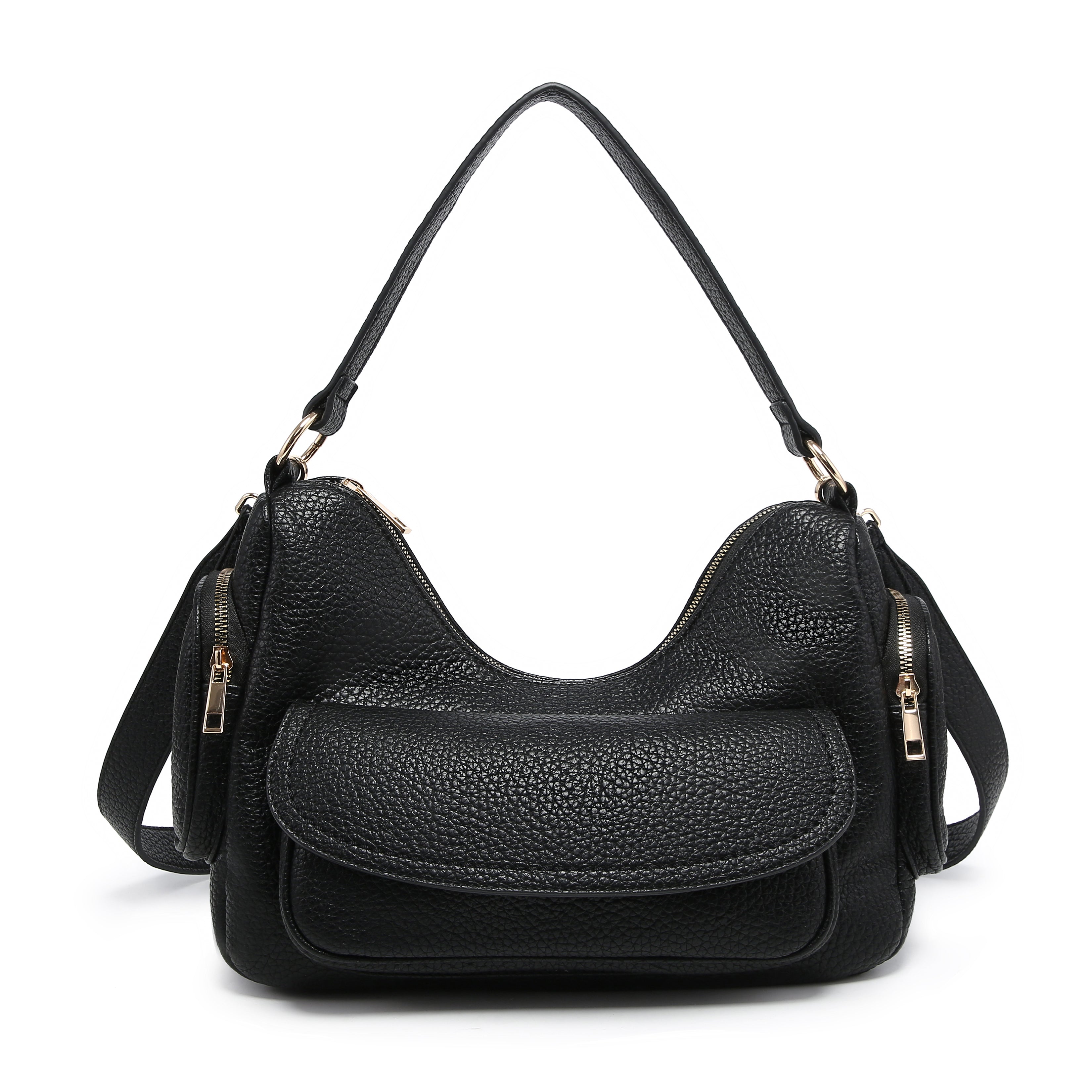 KASSANDRA Pebbled Shoulder Satchel Bag Black