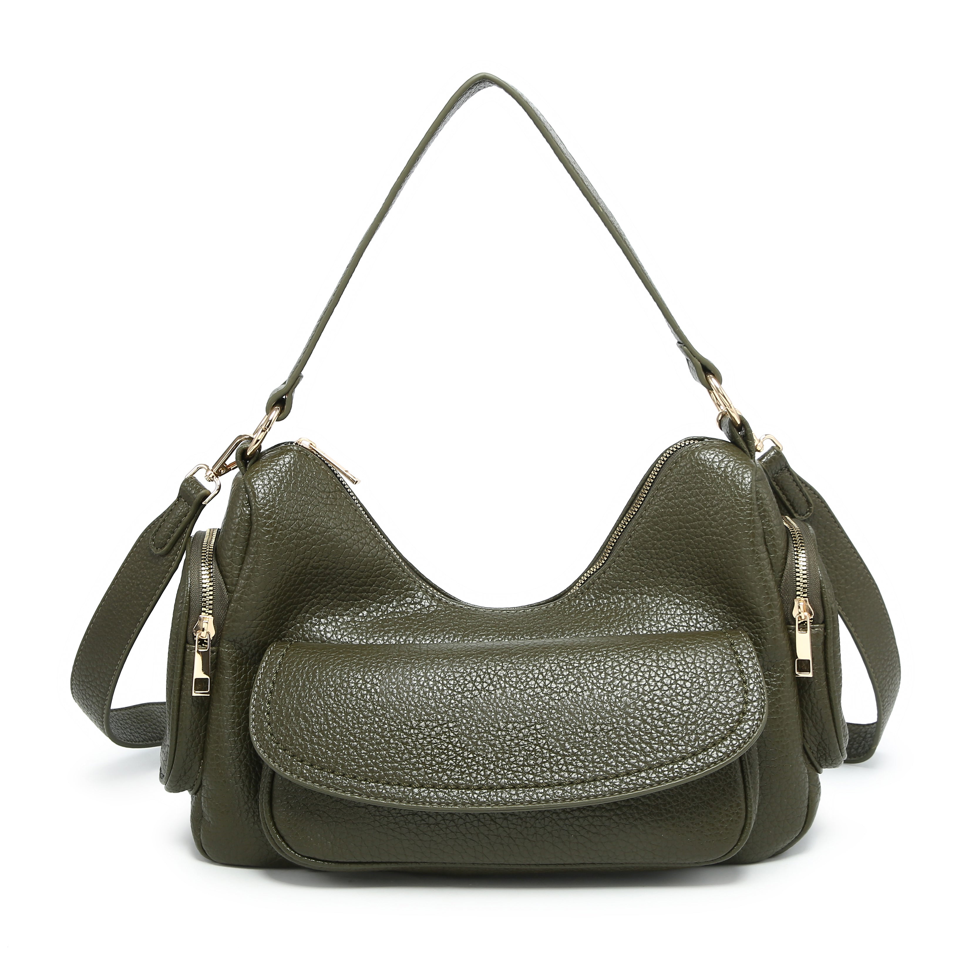 KASSANDRA Pebbled Shoulder Satchel Bag Olive Green