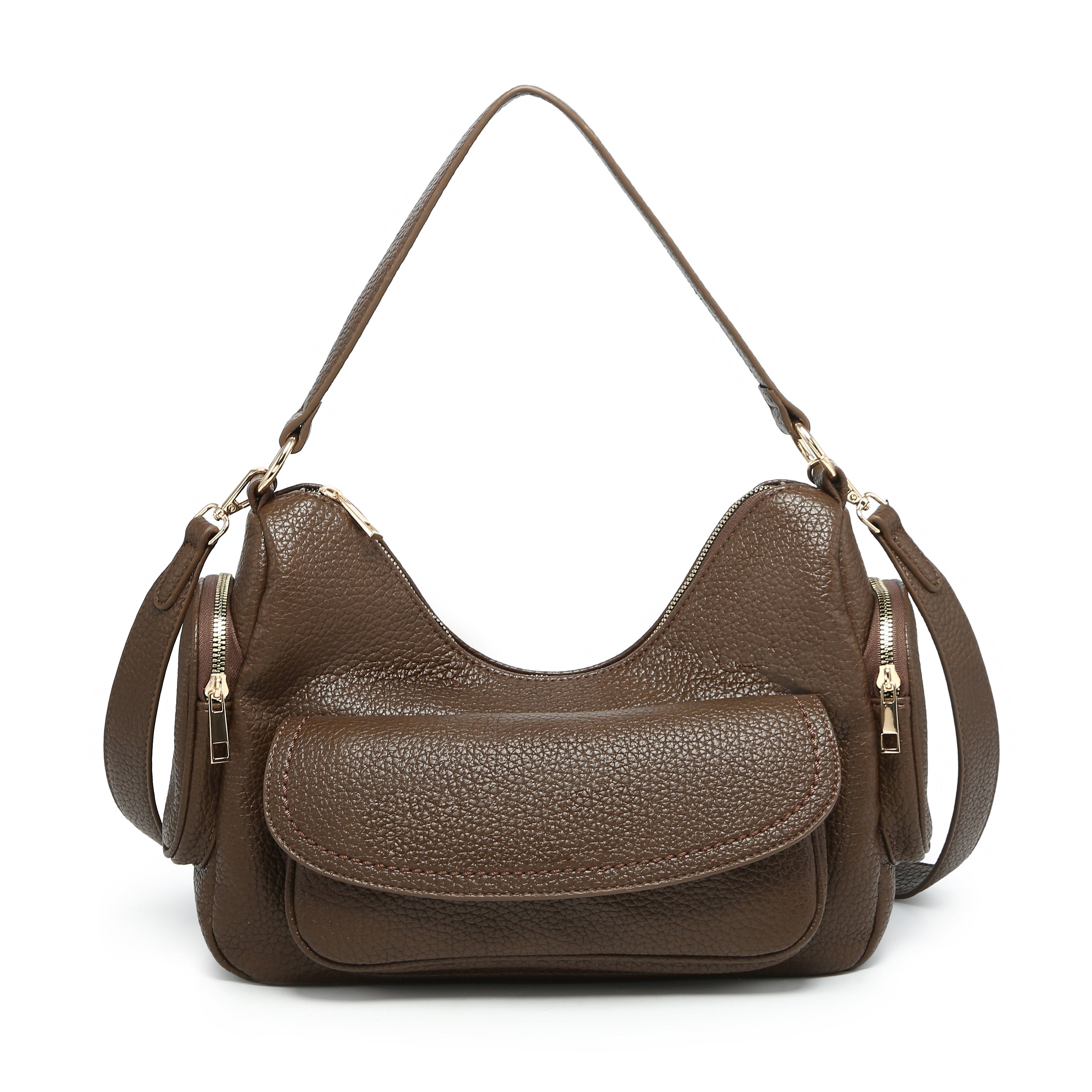 KASSANDRA Pebbled Shoulder Satchel Bag Dark Brown