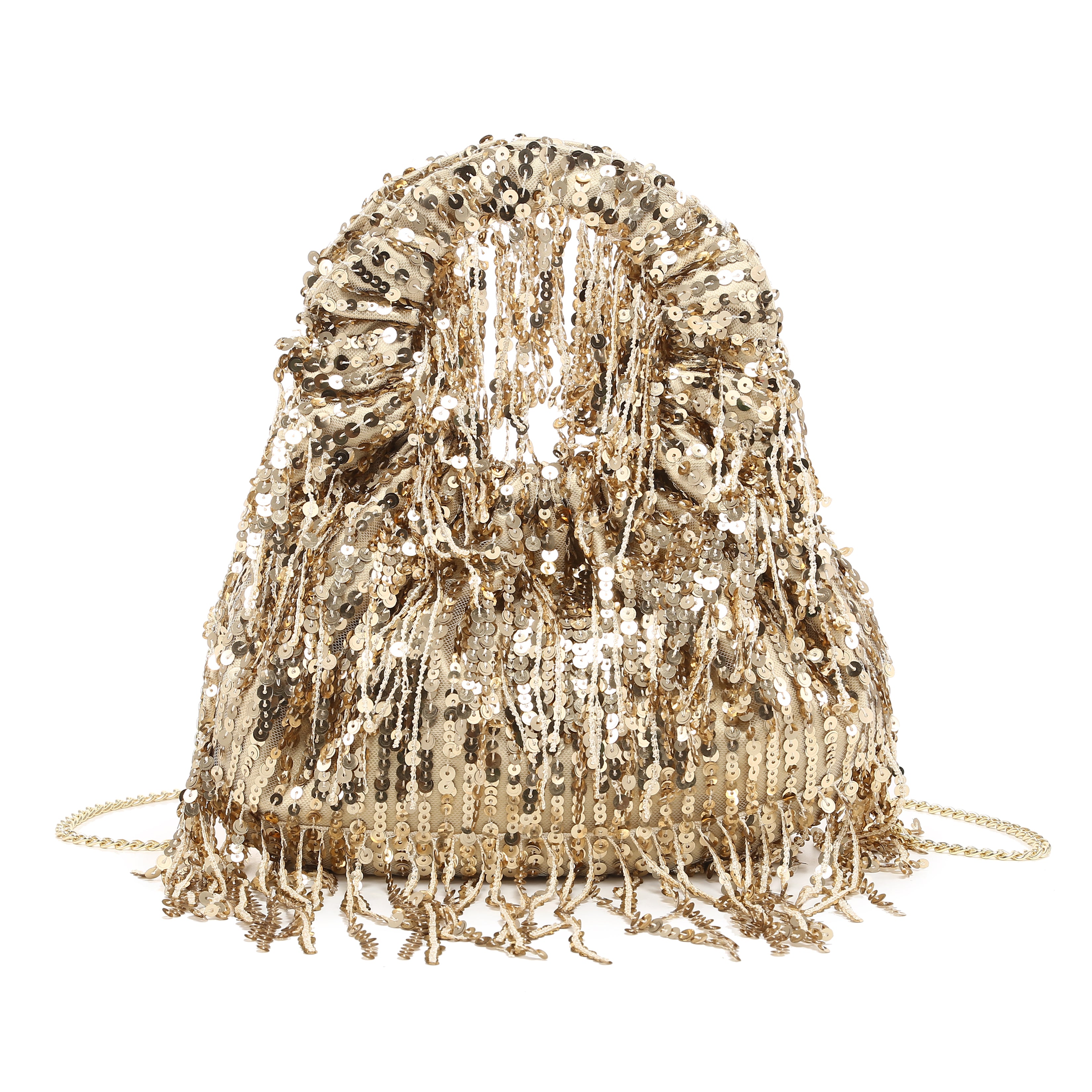 KASSANDRA Sequin Fringe Party Series Bucket Bag Gold