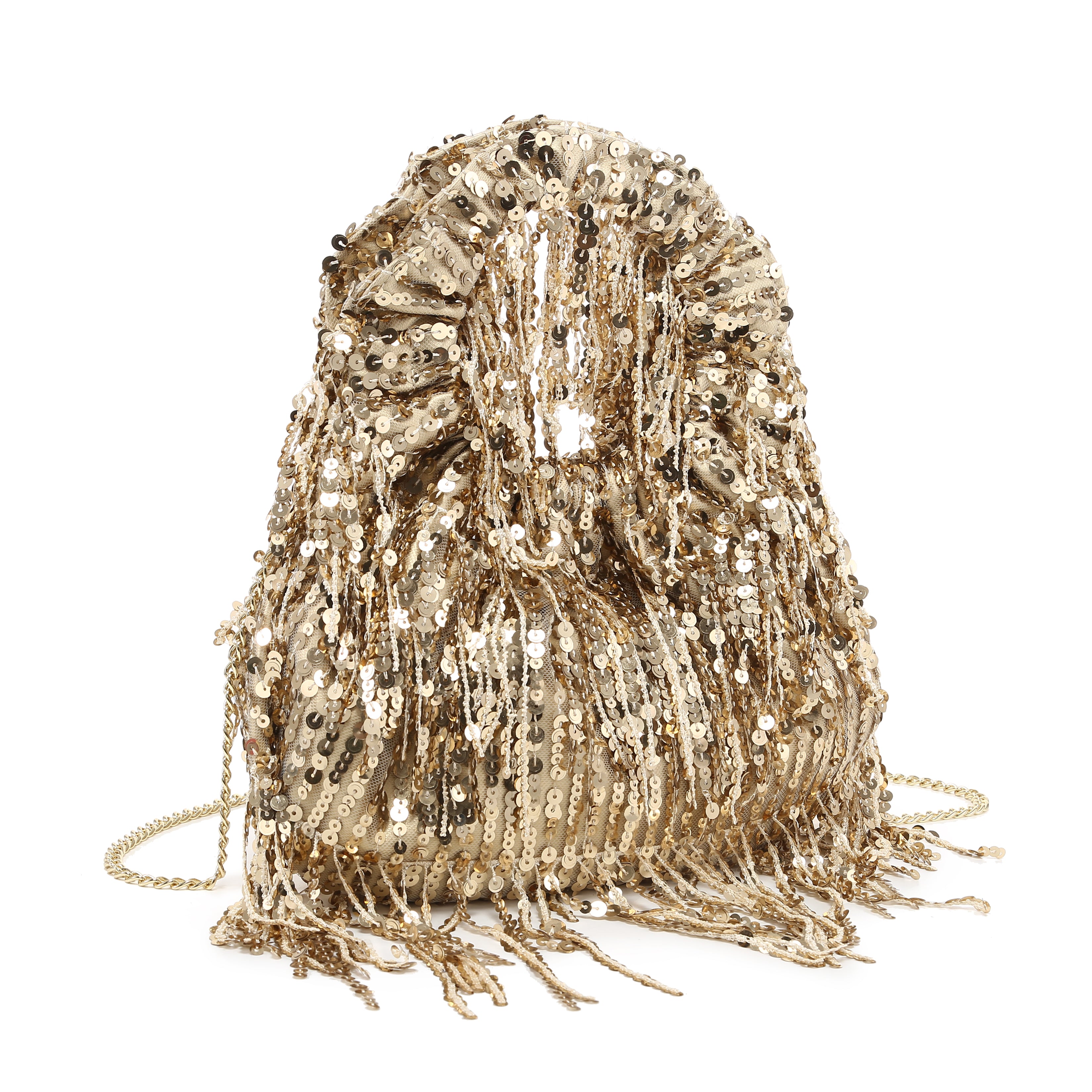 KASSANDRA Sequin Fringe Party Series Bucket Bag