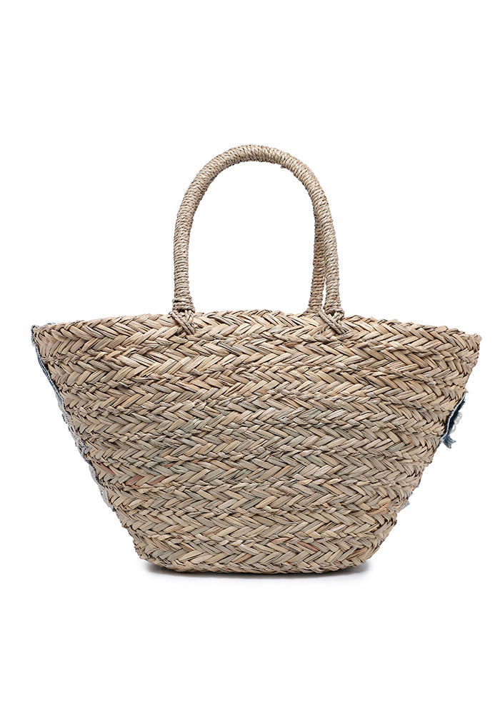 KASSANDRA Chic Blue Floral Embroidered Straw Beach Tote Bag