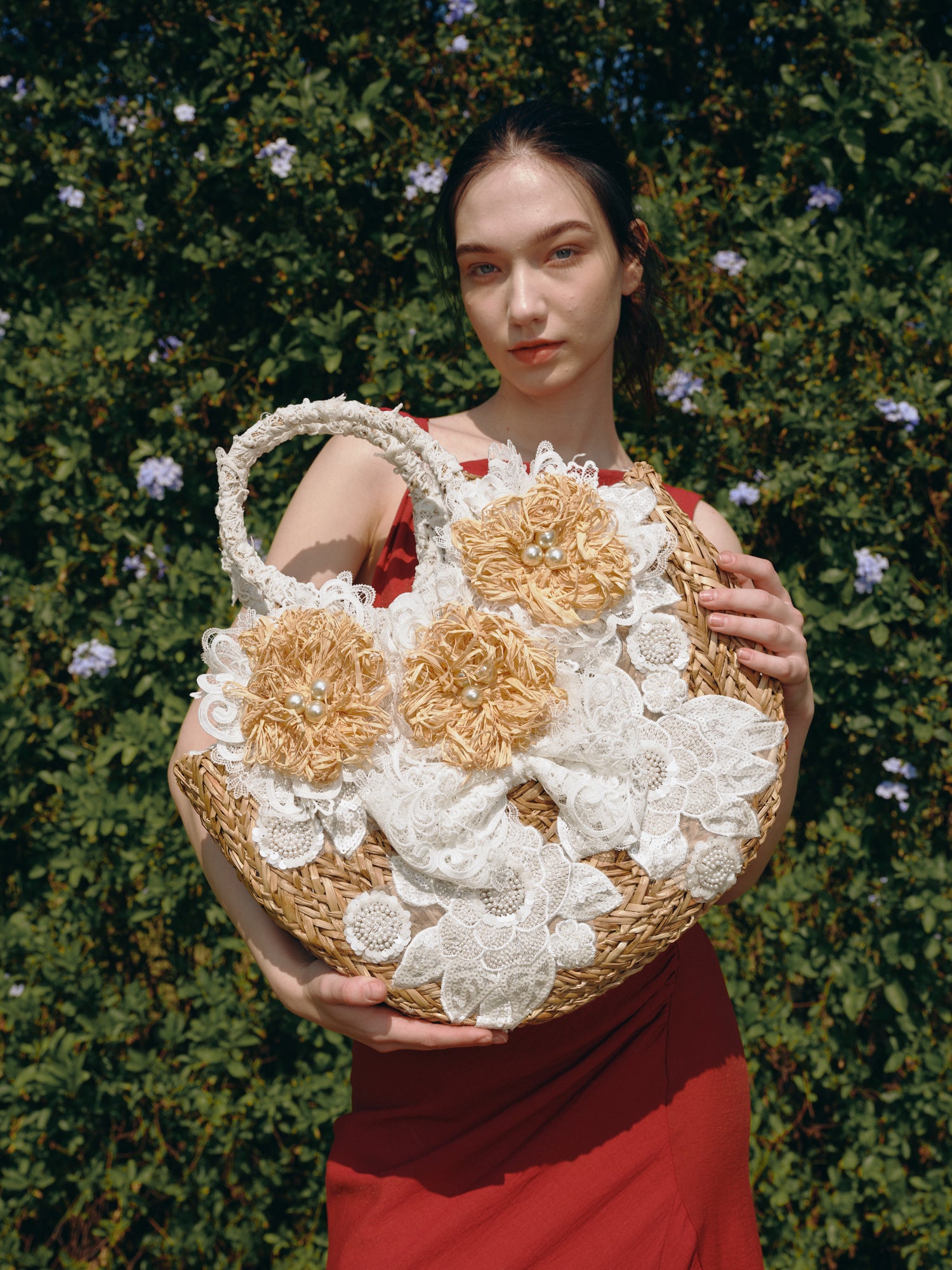 Floral Embellished Lace Straw Tote Bag