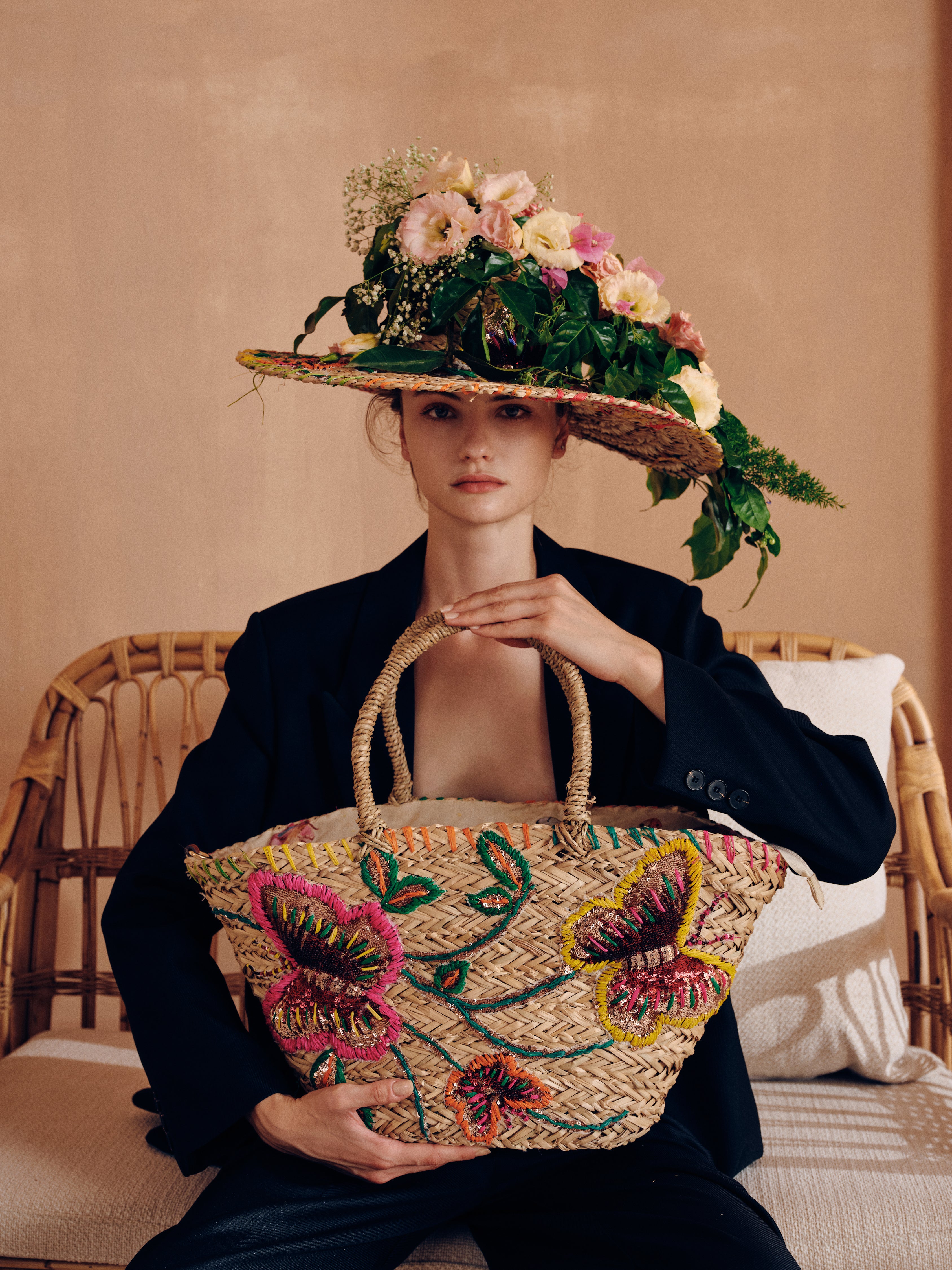 KASSANDRA Vibrant Floral Embroidered Straw Tote Bag