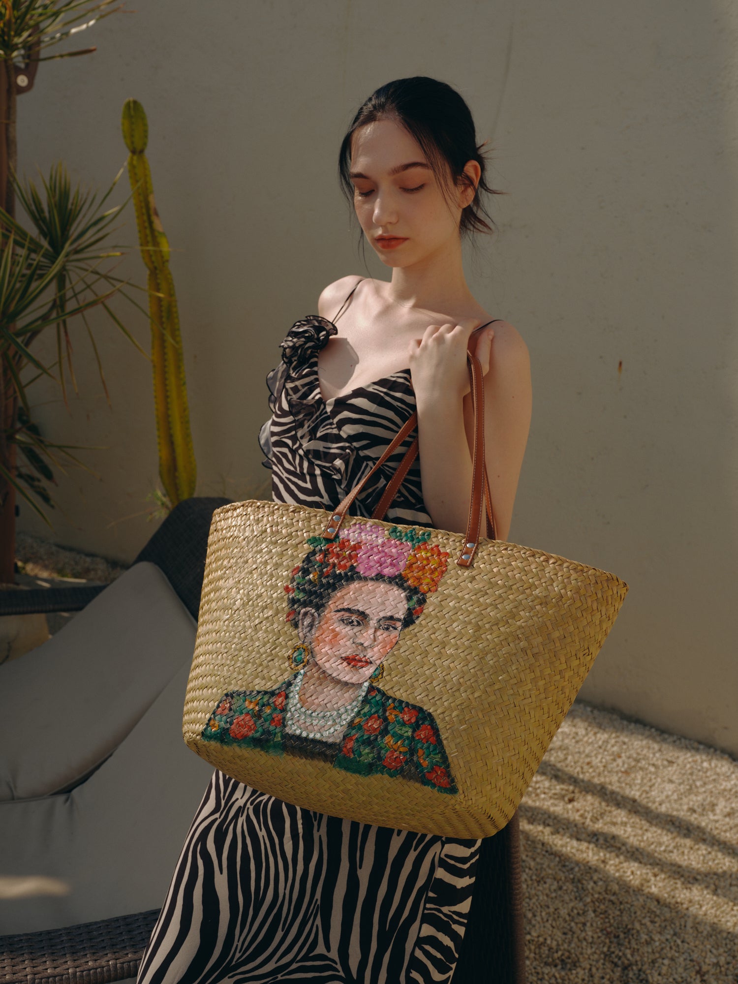 KASSANDRA Frida Kahlo Hand-Painted Straw Tote Bag