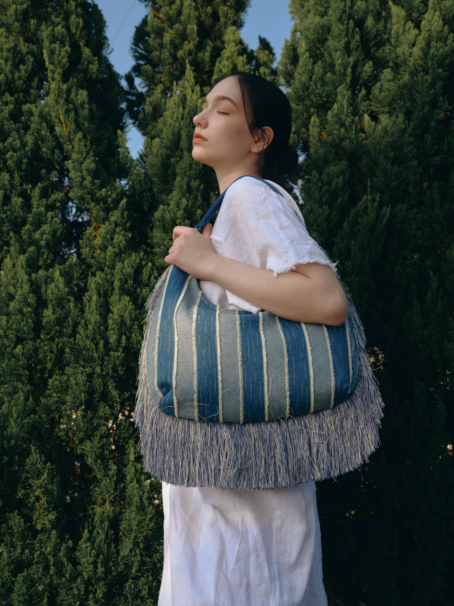 KASSANDRA Fringe Denim Hobo Bag with Striped Design
