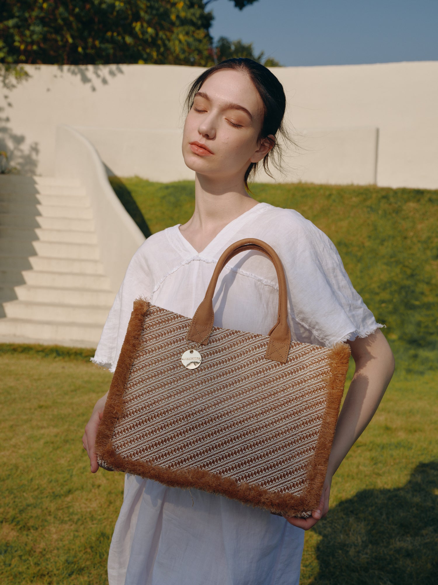 KASSANDRA Elegant Diagonal Striped Woven Tote Bag