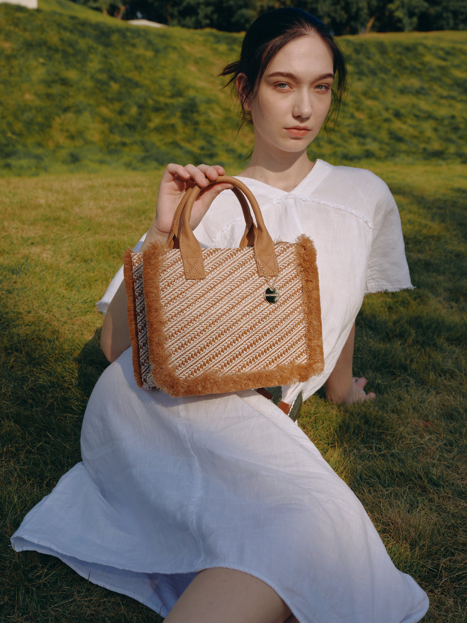 KASSANDRA Chic Diagonal Striped Woven Mini Tote Bag