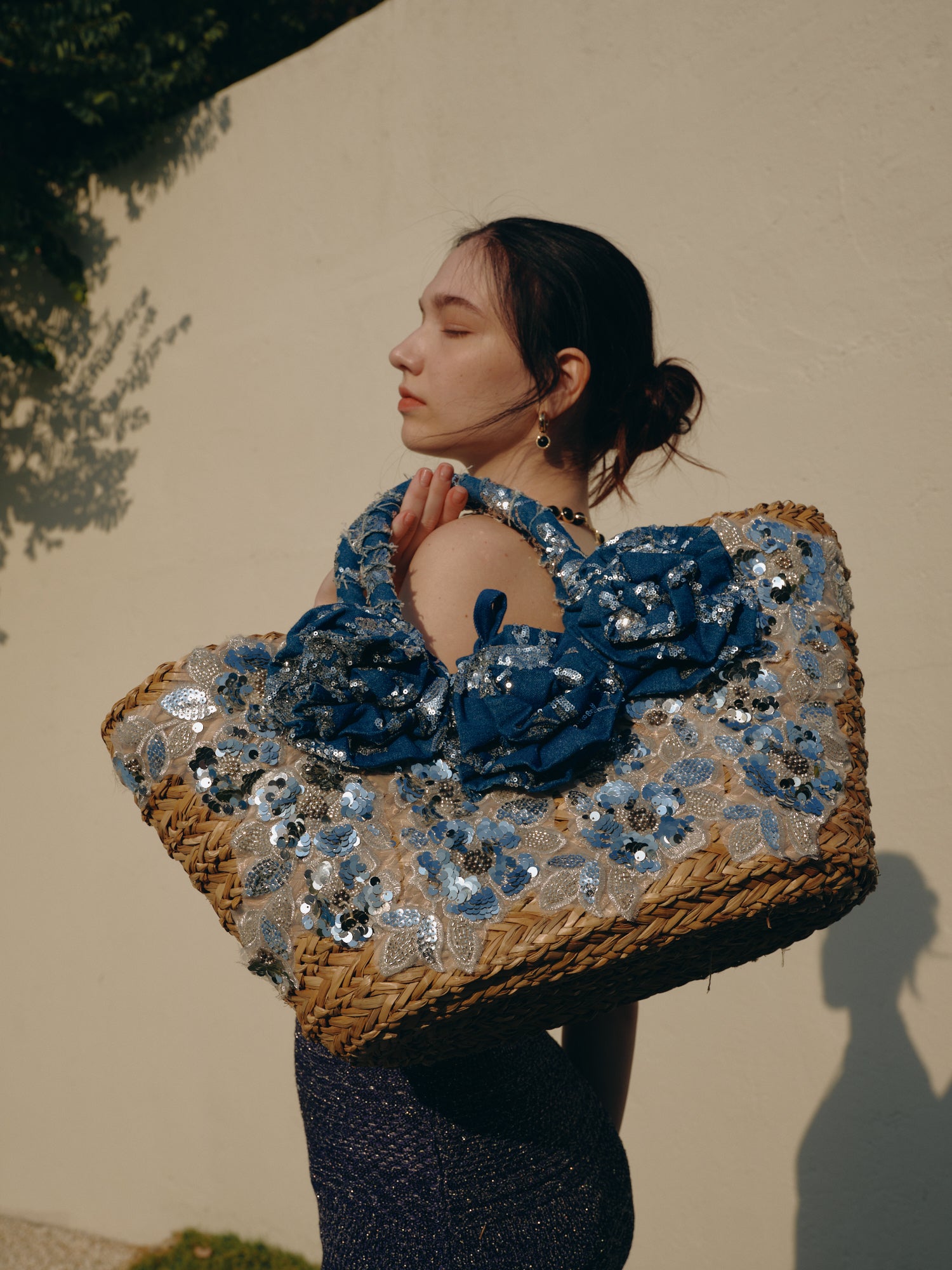 KASSANDRA Sequin Floral Embellished Straw Tote Bag
