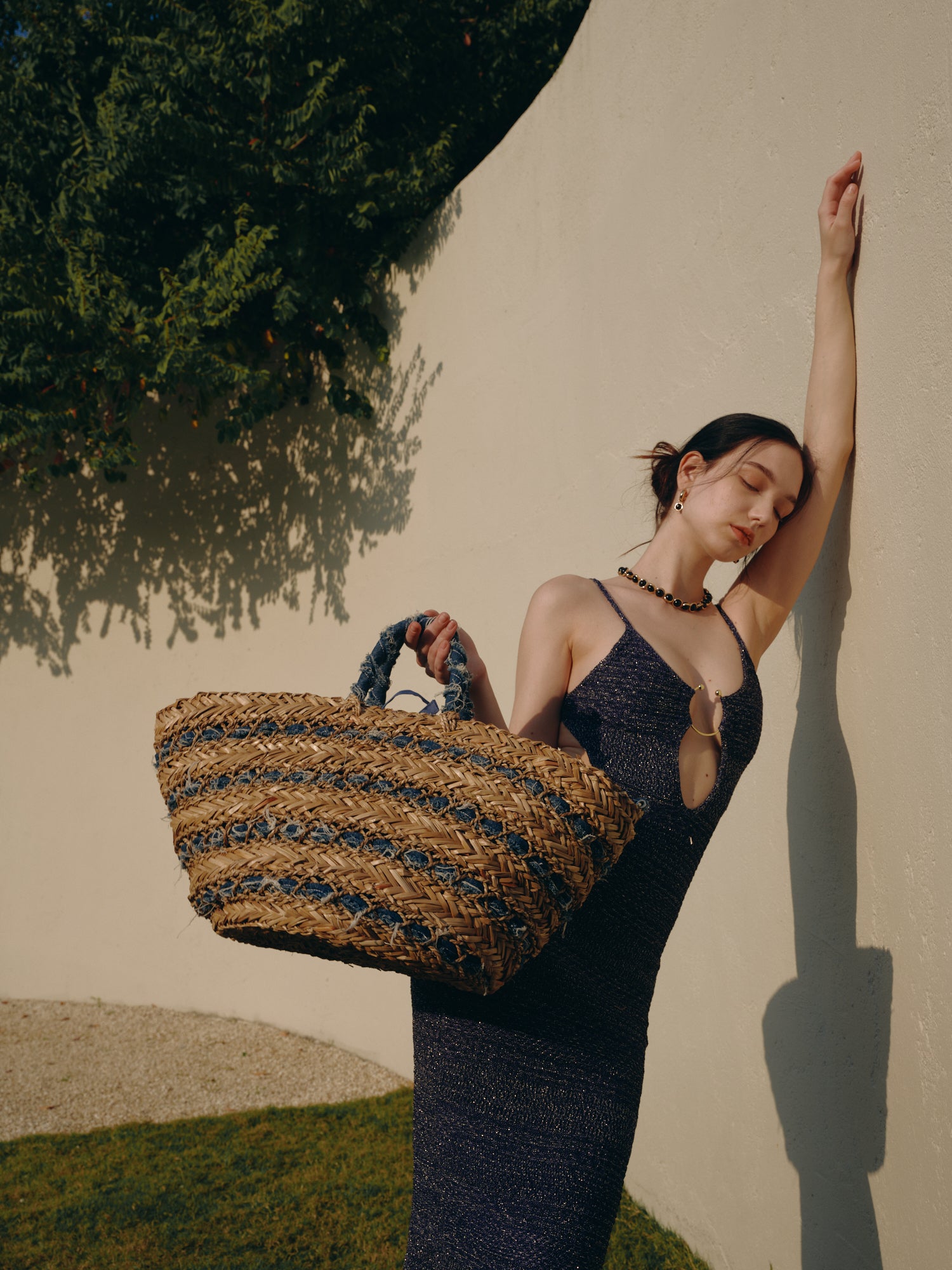KASSANDRA Denim-Accented Straw Tote Bag