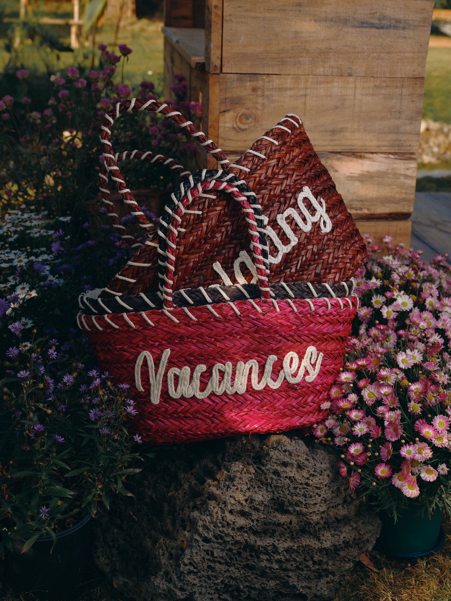 KASSANDRA Embroidered Text Straw Tote Bag