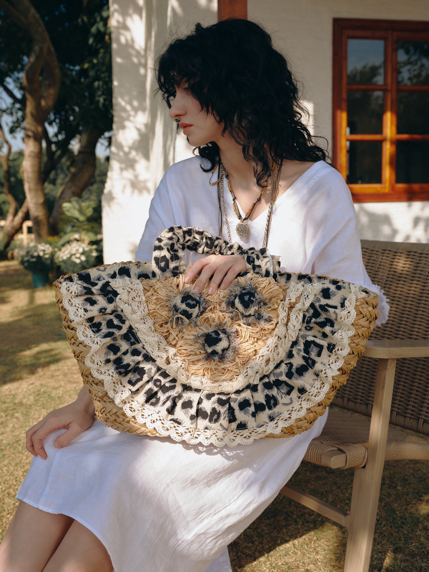 KASSANDRA Leopard Print Floral Straw Handbag