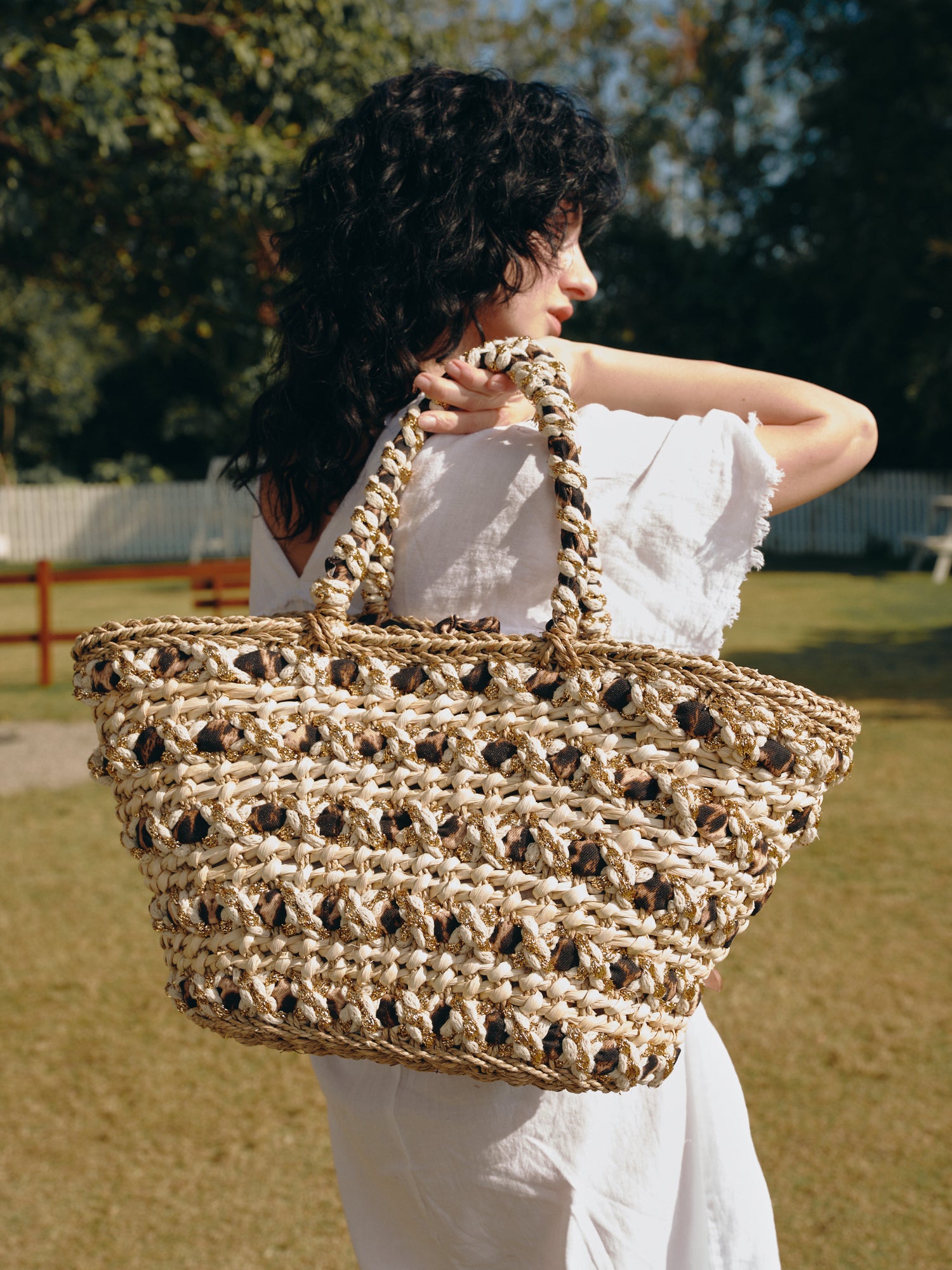 Metallic Braided Straw Tote Bag with Leopard Lining