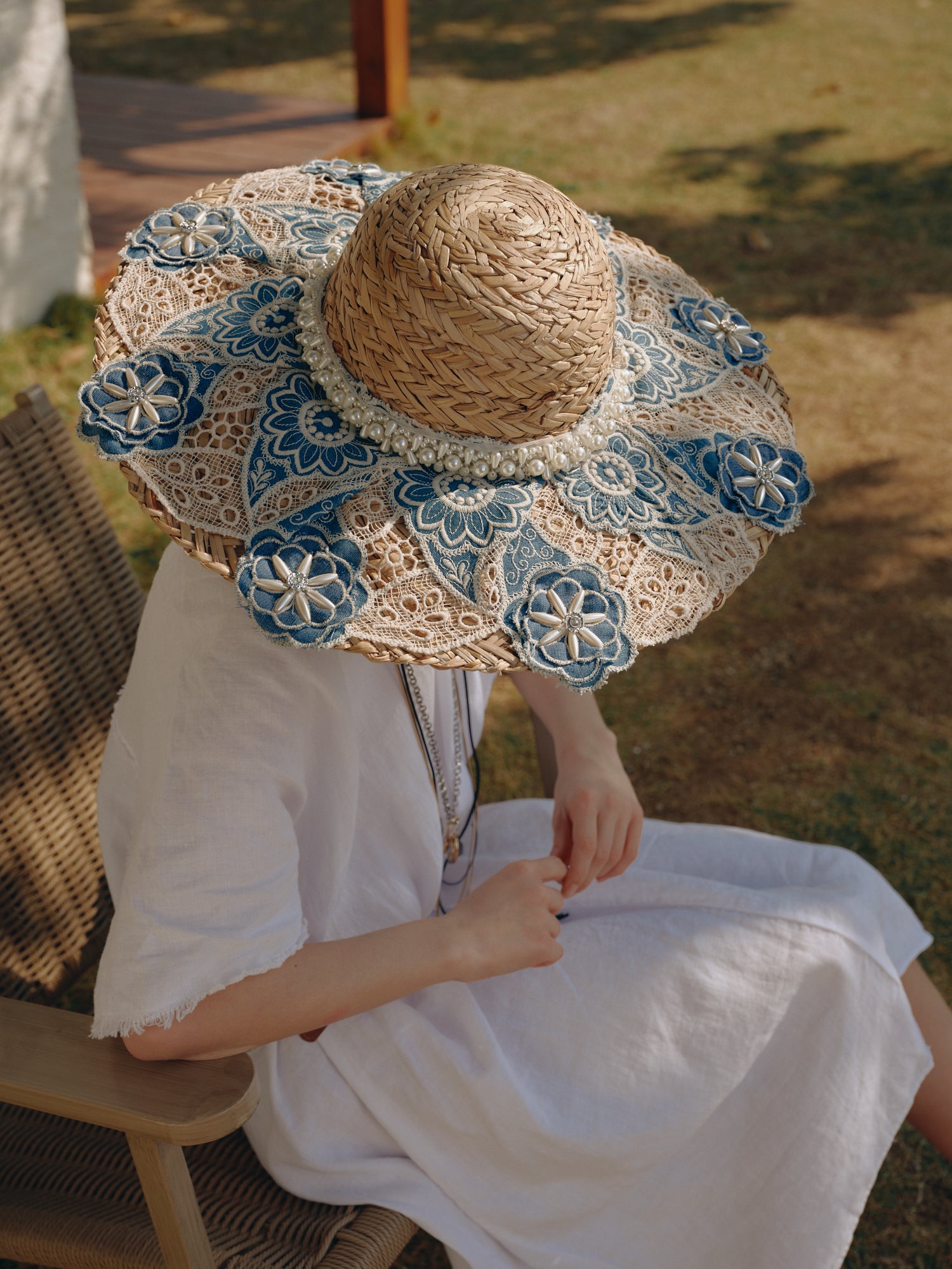 KASSANDRA Elegant Floral Lace Embellished Straw Hat