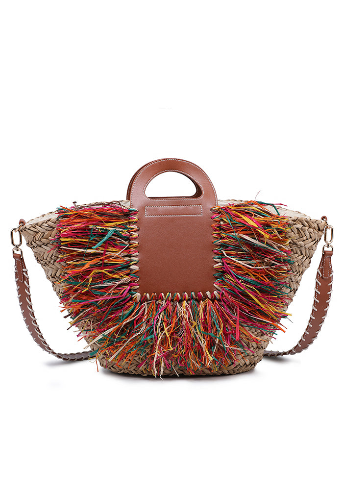 KASSANDRA Fringe Straw Tote Bag with Faux Leather Panel Dark Red
