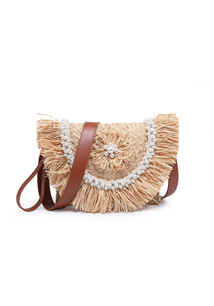 KASSANDRA Colorful Fringe Straw Crossbody Bag with Pearl Decoration Beige