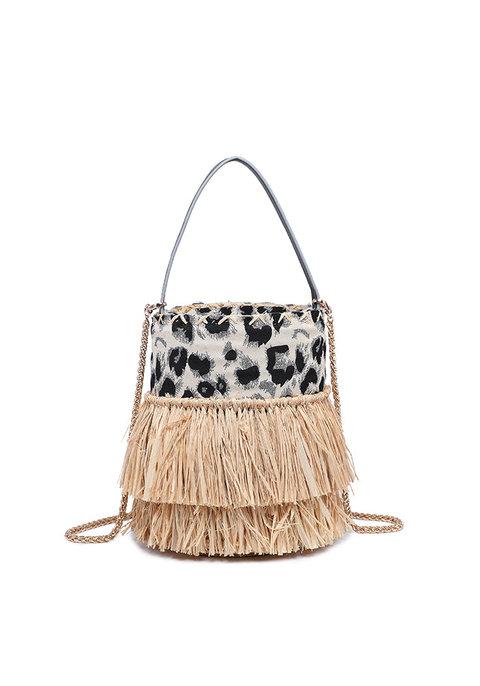 KASSANDRA Leopard Print Fringe Straw Bucket Bag