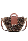 KASSANDRA Fringe Straw Tote Bag with Faux Leather Panel Black