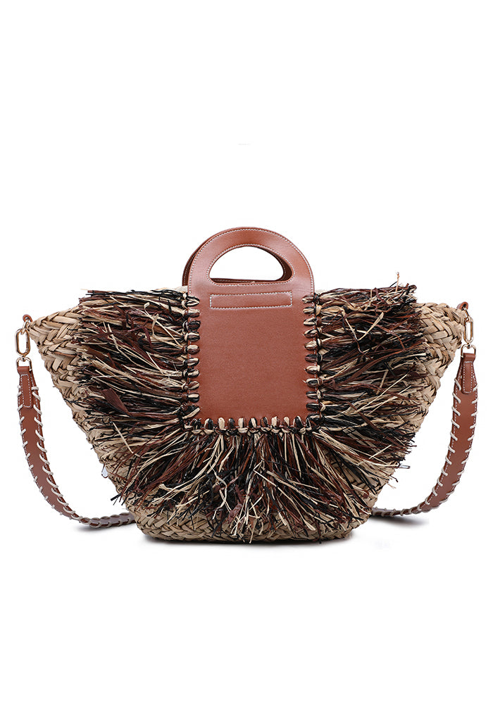 KASSANDRA Fringe Straw Tote Bag with Faux Leather Panel Black