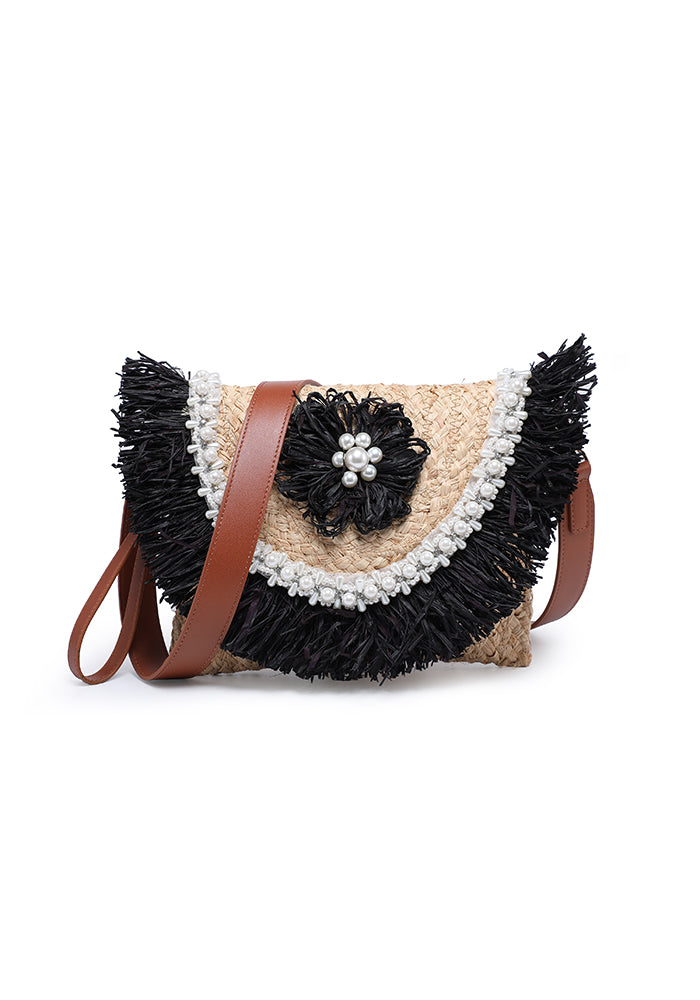 KASSANDRA Colorful Fringe Straw Crossbody Bag with Pearl Decoration Black
