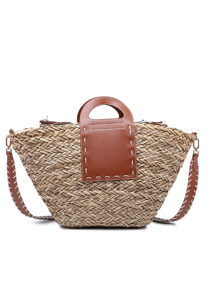 KASSANDRA Fringe Straw Tote Bag with Faux Leather Panel