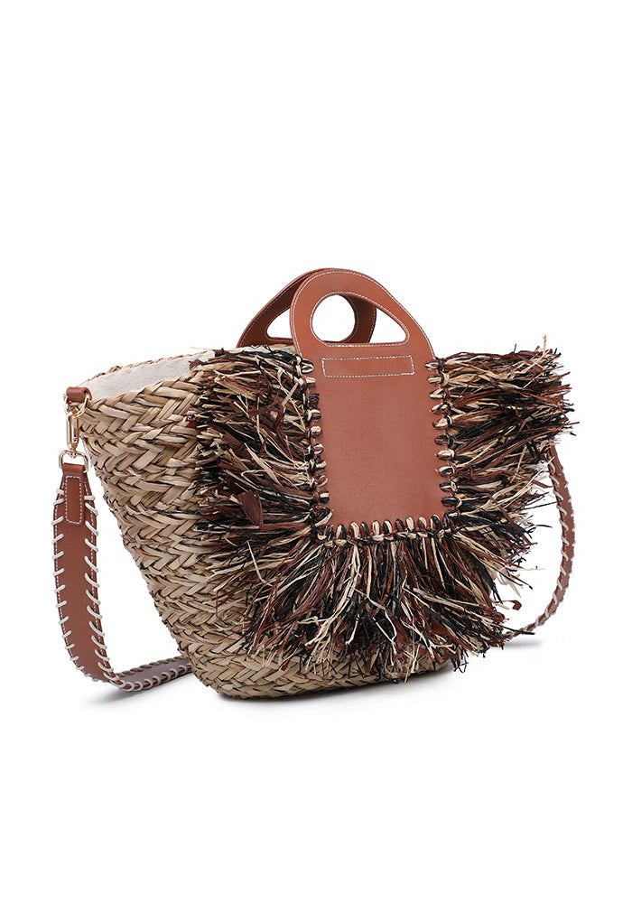KASSANDRA Fringe Straw Tote Bag with Faux Leather Panel