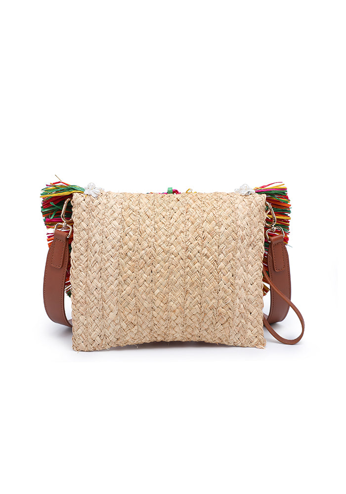 KASSANDRA Colorful Fringe Straw Crossbody Bag with Pearl Decoration