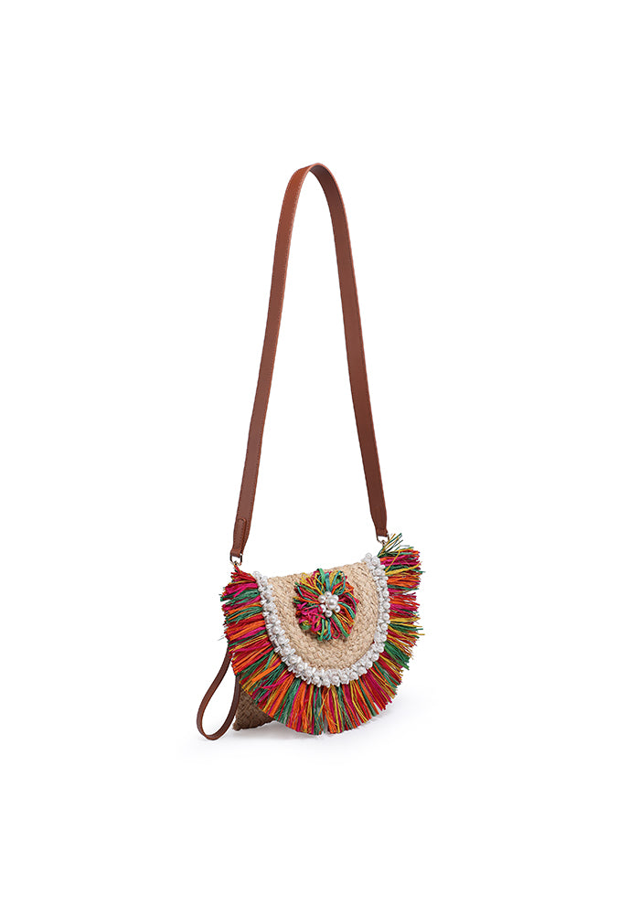 KASSANDRA Colorful Fringe Straw Crossbody Bag with Pearl Decoration