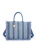 KASSANDRA Fringed Striped Denim Tote Bag White
