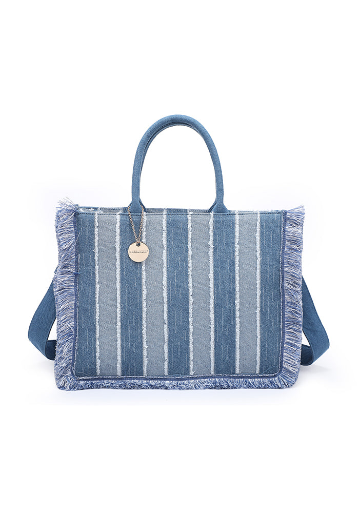 KASSANDRA Fringed Striped Denim Tote Bag White